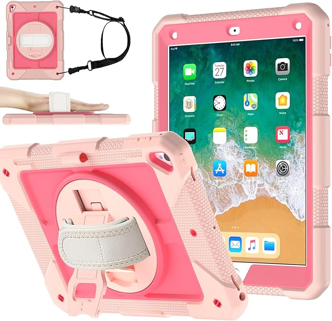 MENZO Shockproof Case for iPad 5th Gen/6th Gen/Air 2/Pro 9.7-inch with 360° Swivel Stand, Pencil Holder, Detachable Hand and Shoulder Strap, Pink+Lightpink
