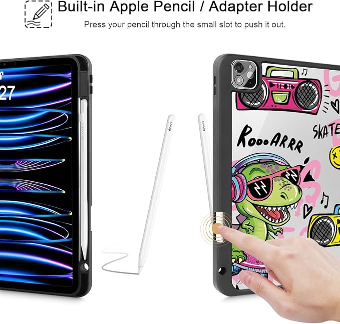 Mektron Case for iPad Pro 11 inch (4th, 3rd, 2nd & 1st Gen) 2022 2021 2020 2018, Buit in Pencil Holder with Shockproof Cover Clear Shell + Trifold Stand + Auto Wake/Sleep, Cool Dinosaur
