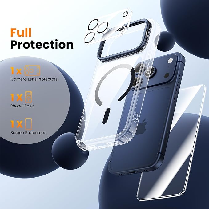 3-in-1 for iPhone 17 Pro Max Case with Frame Stand[1 Screen Protector & 1 Camera Lens Protector ][Not Yellowing][Military-Grade Drop Protection][Fits MagSafe][Shockproof & Magnetic] (Clear-Blue)