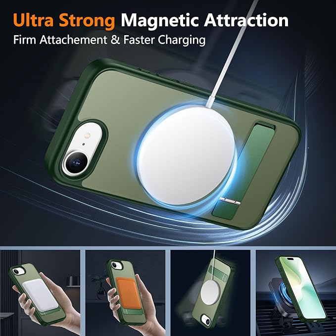 SPIDERCASE Magnetic for iPhone 17e Case for iPhone 16e Case, with [3 Stand Ways] [Military Grade Drop Protection] Invisible Stand Shockproof Slim Case for iPhone 17e/16e 6.1 inch, Green