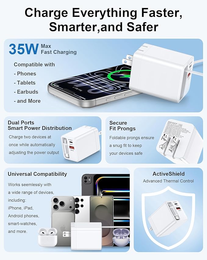 35w Retractable iPhone Wall Charger USB C, 3-in-1 Fast Charging Block with Built-in Retractable Cable, USB-C & USB-A Multi Ports, Foldable Plug Travel Ac Power Adapter for Apple 17e 17 Pro 16e 16 15