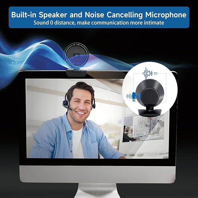 4K USB Webcam for PC with Speaker & Microphone, 85° Wide Angle Web Camera, Auto Focus, Dual Noise Cancelling Mics, Privacy Cover, Plug-and-Play for Desktop/Laptop