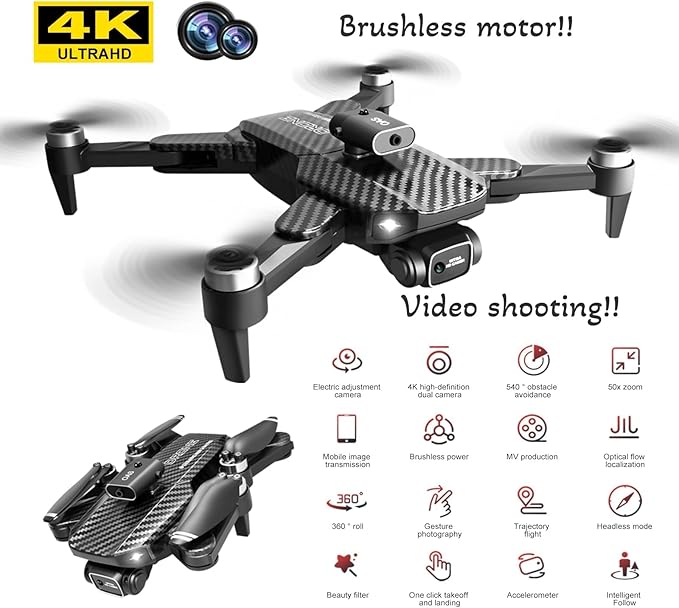 4k Drone (Equipped with dual cameras), Foldable Dron, small-scale Drone With Height Setting Function, Six-pass Gyroscope, Gesture Photo, Video Recording, Headless Mode, Emergency Stop, Trajectory Gravity Sensing, and Auto-photography for Adults and Tee...
