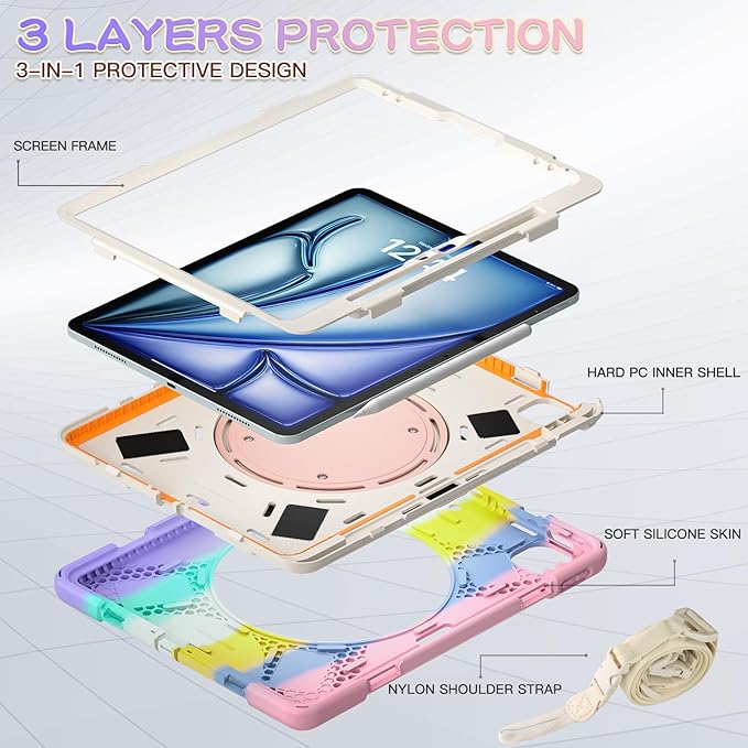 MEEgoodo Case for iPad Air 13 inch 2025 (M3) /2024 (M2) & iPad Pro 12.9 Case 6th/5th/4th/3rd Generation 2022 2021 2020 2018,Tablet Cover with Pencil Holder/Rotating Stand/Shoulder Strap,Colourful Pink | 2025 (M3), 2024 (M2), 2022 2021 2020 2018, Pencil...