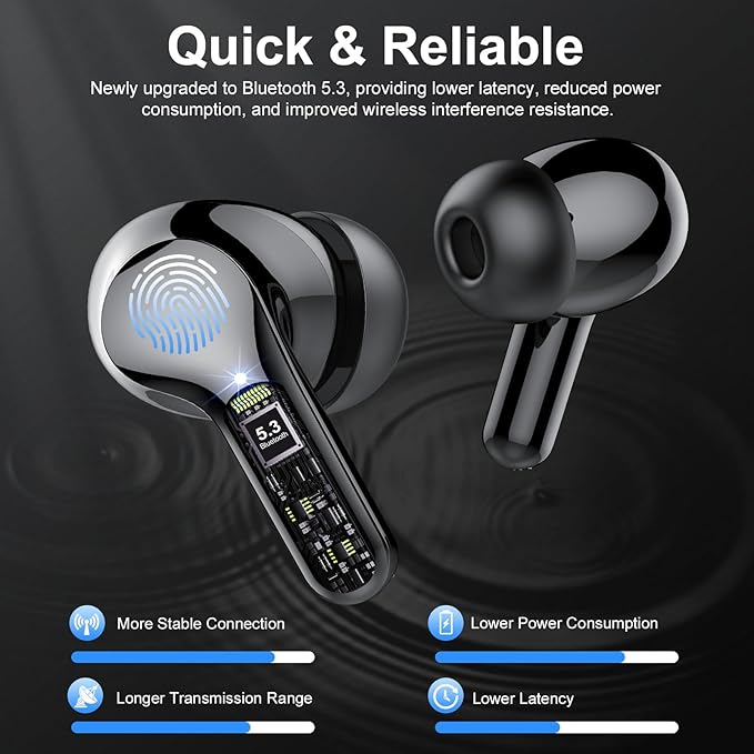 Wireless Earbuds, Bluetooth 5.4 Headphones HiFi Stereo, Bluetooth Earbuds with ENC Noise Cancelling Mic, IP7 Waterproof in Ear Earphones, 48H, LED Display Ear buds for Pad Workout Sports, Black