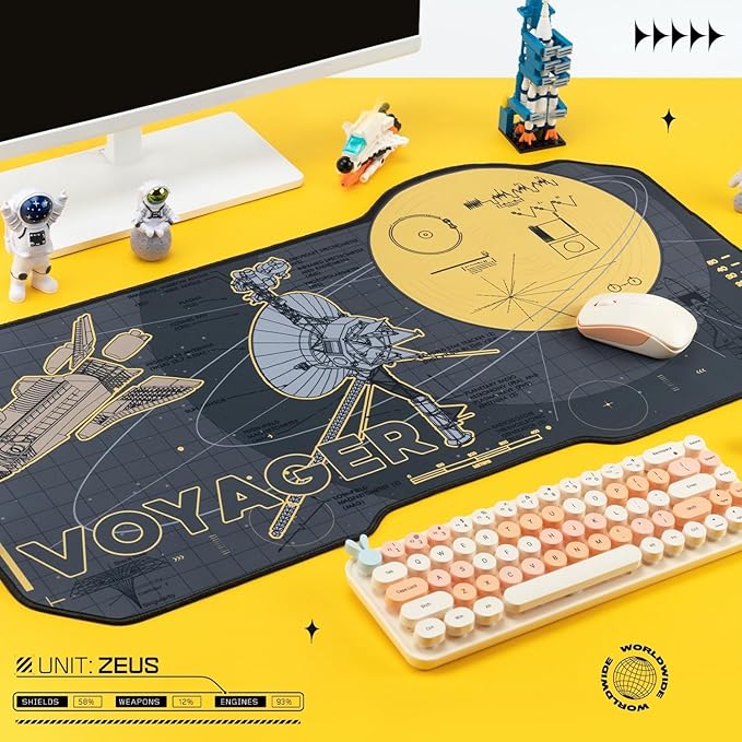 BelugaDesign Space Desk Pad | Voyager Spaceship Moon Galaxy Science SciFi Nerdy Mouse Pad | Large Gray Gold Keyboard Laptop Gaming Mousepad | Machine Washable Non-Slip Desk Blotter Protector Mat