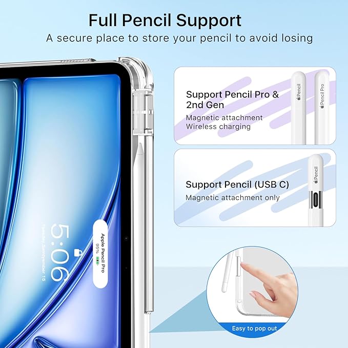 MoKo for iPad Air 11 inch Case (M4/M3/M2) 2026/2025/2024, iPad Air 5th/4th Gen 10.9 inch Case 2022/2020 with Pencil Holder, Slim Trifold Cover with Hard PC Translucent Back Shell, Silver