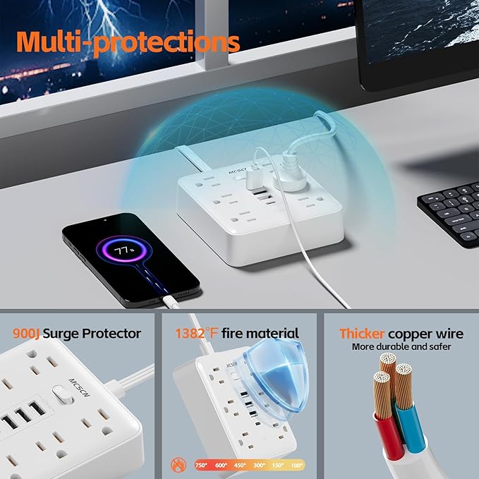 Surge Protector Power Strip(900J) -MCSCN 6 Outlets 4 USB（1C） - 15A/1875W -10ft Extension Cord,Ultra-Thin Plug & Cord - UL Certified - Desk/Home/Office Use