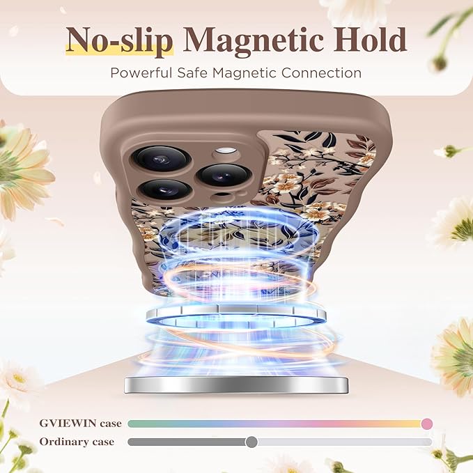 GVIEWIN for iPhone 15 Pro Case Compatible with MagSafe [Curly Wave Edge][Full Camera Protection] Floral Translucent Shockproof Magnetic Women Phone Case for iPhone 15 Pro 6.1'', Bunchflower/Brown