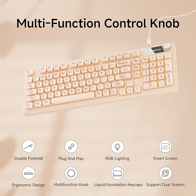 EWEADN V102 Wired Keyboard, 98 Keys Creamy Gaming Keyboard with Number Pad, Display Screen & Media Knob RGB Silent Wired Cute Computer Keyboard for Laptop PC Gamer - Cream Pink