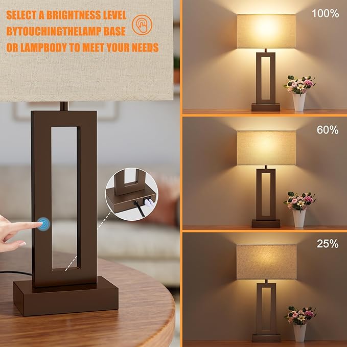 Seealle Bedroom Lamps for Night Stands - Touch Control, 3 Way Dimmable, USB C+A Charging, LED Bulbs, Easy Assembly(Yellow&Brown)