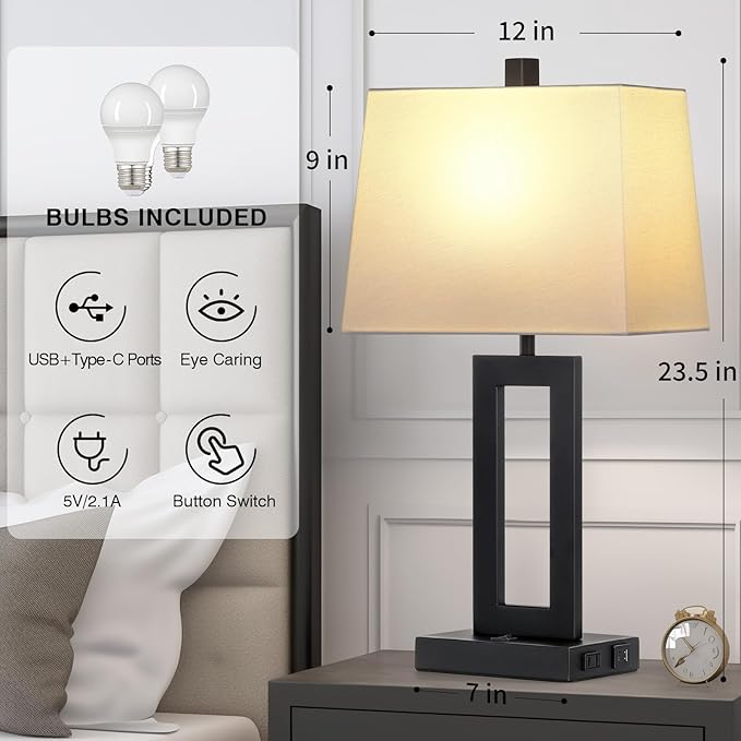 Cinkeda Table Lamp Set of 2 with USB C+A Ports & AC Outlet, Bedside Lamps, Modern Bedroom Lamps, Black Lamps for Bedroom Living Room,Nightstand Lamp（Push Button Swich/NO dimming