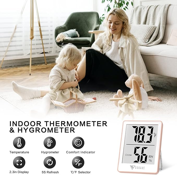 DOQAUS Indoor Thermometer for Home, Room Thermometer Humidity Meter with Temperature Humidity Sensor for Home, Bedroom, Baby Room, Office, Greenhouse, Cellar (Pink)