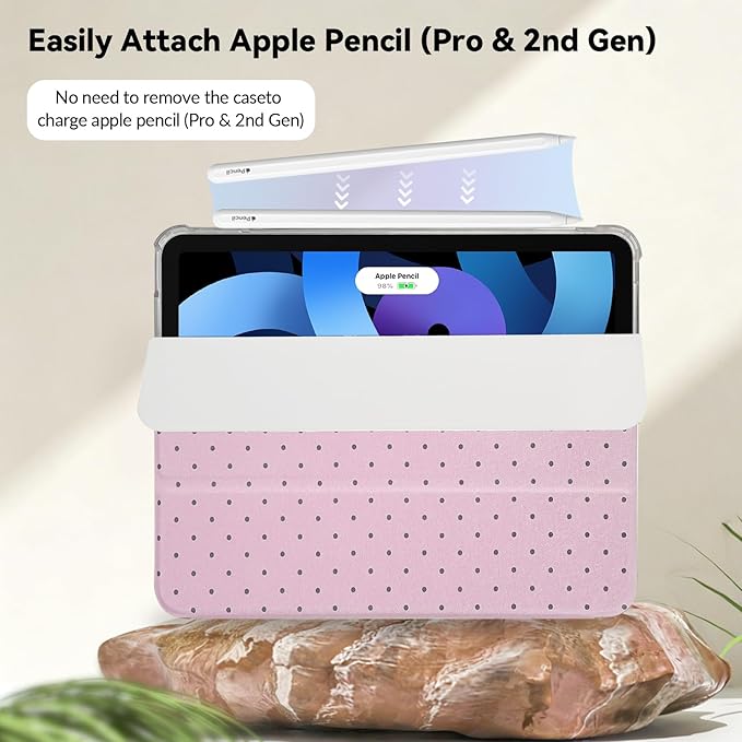 Lovmooful Compatible for iPad Air 6th 11-inch M2 (2024),iPad Air 5/4 (2022/2020 5th/4th Generation 10.9-Inch) Case with Pencil Holder Cute Polka Dot Design Soft TPU Trifold Stand Protective-Pink