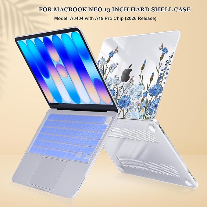 Compatible with MacBook Neo 13 inch Case 2026 (Model A3404), Printed Pattern Hard Shell Laptop Case with Keyboard Cover & Screen Film, Slim Plastic Protective Cover, Tropical Blue Flowers