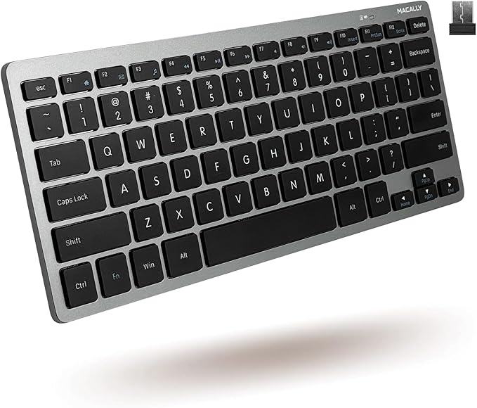 Macally Small Wireless Keyboard | Mini Keyboard for PC - Slim, Quiet & Portable for Laptop, Desktop PC, Surface, Chromebook - Space Gray