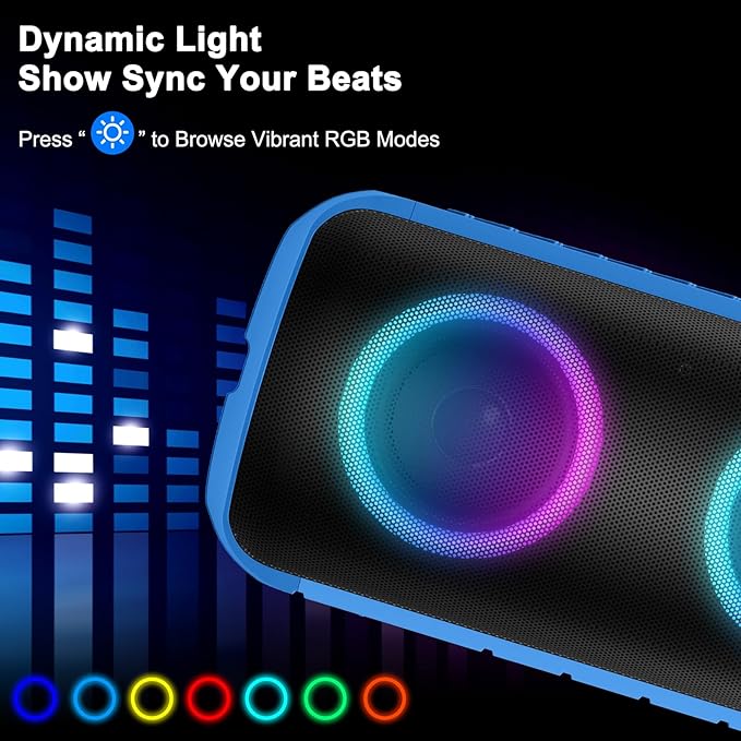 Bluetooth Speaker, 2026 NEW Portable Wireless Speaker, 24W Super Loud,TWS Pairing, Colorful RGB Lights, IPX7 Waterproof, 12H Playtime, HD Call for Outdoor/Home/Party/Beach, White Elephant Gift Blue