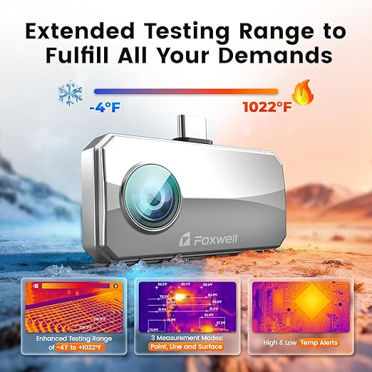 FOXWELL RT100 Thermal Camera for Android Smartphones & PC, 512x384 TISR Resolution Thermal Imaging Camera for Home Automotive Industrial Leak Heat Loss Inpsection, 25Hz Refresh Rate Thermal Imager