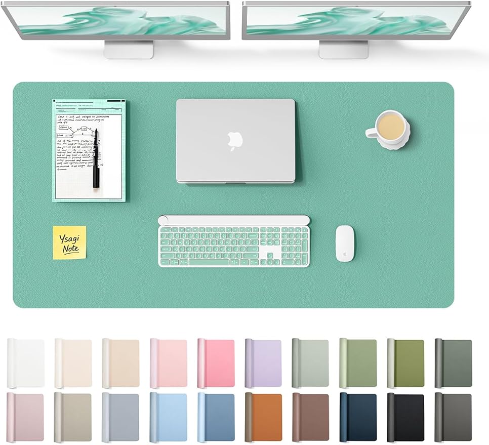 YSAGi Leather Desk Protector, Office Mat, Large Mouse Mat, Non-Slip PU Leather Blotter, Laptop Desk Pad, Waterproof Writing Pad for Office and Home (Green-Blue, 47.2" x 23.6")