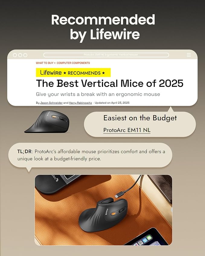 ProtoArc Ergonomic Mouse, EM11 NL Bluetooth Rechargeable Wireless Vertical Mouse, 3 Multi-Device Connectivity for Computer/PC/Laptop, 2.4GHz USB-A Optical Mice for Windows, Mac OS, White