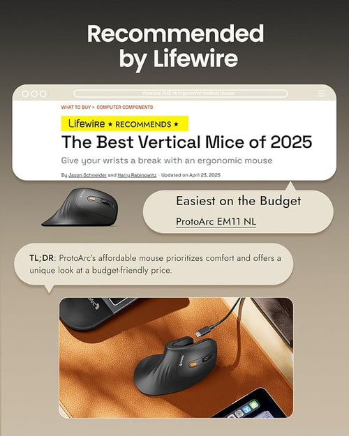 ProtoArc Ergonomic Mouse, EM11 NL Bluetooth Rechargeable Wireless Vertical Mouse, 3 Multi-Device Connectivity for Computer/PC/Laptop, 2.4GHz USB-A Optical Mice for Windows, Mac OS, Black
