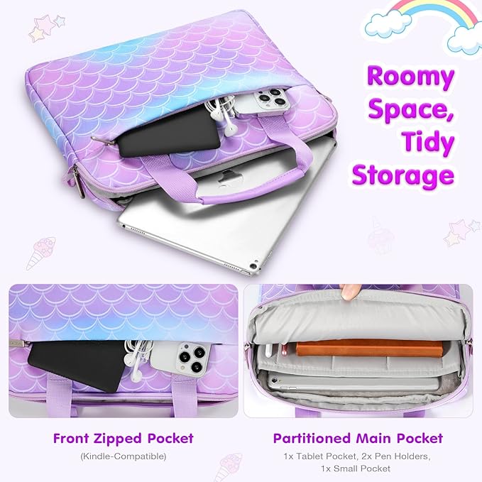 MoKo 10-12.5 Inch Kids Tablet Sleeve Carrying Case for Fire HD 10 13th/11th Gen, Fire HD 8/7 Kids 2022, Tablet Bag with Shoulder Strap for 10/10.1" Android 12/13, Rainbow & Unicorn, Mermaid-Purple