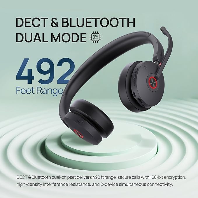 Yealink WH68 Hybrid Wireless Headset with ANC, DECT 6.0 & Bluetooth Dual-Connect, 492ft Range, 6-Mic Noise Cancelling Office Headphones for Teams, Zoom, 32H Talk Time for PC/Laptop/Smartphone