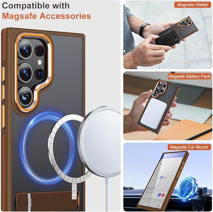 MALEWOLF Case for Samsung Galaxy S24 Ultra, Compatible with Magsafe, [Invisible & Adjustable Stand] for Matte Translucent Cover, Anti-Slip Shockproof Slim Phone Case for Galaxy S24 Ultra (Brown)