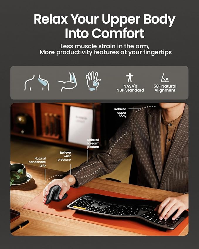 ProtoArc Ergonomic Mouse, EM11 NL Bluetooth Rechargeable Wireless Vertical Mouse, 3 Multi-Device Connectivity for Computer/PC/Laptop, 2.4GHz USB-A Optical Mice for Windows, Mac OS, Gray