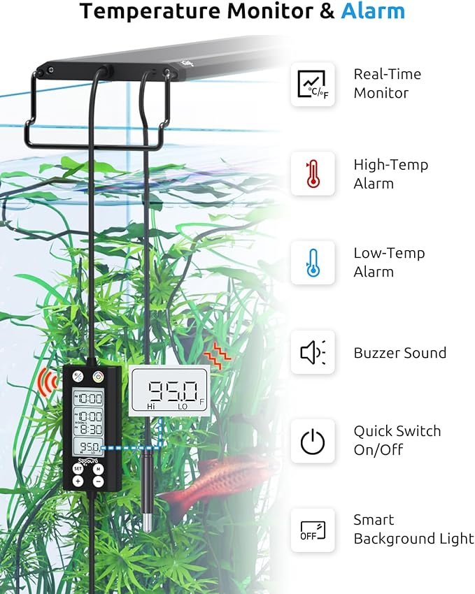 SEAOURA Aquarium LED Light with Thermometer, 12-18in Full Spectrum Lights for Fish Tank, 24/7 Programmable with Power Off Memory, WRGB Custom, 20 Level Dimmable Brightness for Freshwater Aquariums
