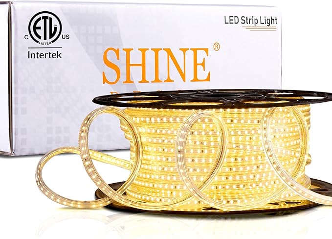 Shine Decor LED Strip Light 150FT 120VAC, Super Bright 19012 Lumens Dimmable, IP65 Waterproof for Outdoor Indoor, 3000K Warm White Every 1.6ft Cuttable Proselect Lighting Strip, 6x10mm ETL Listed