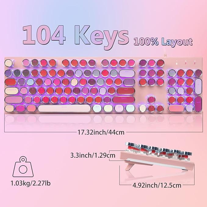 HUO JI Typewriter Mechanical Gaming Keyboard with RGB Sidelit and Purple LED Backlit, Retro Style, Red Switches, Metal Panel, Lipstick 104 Keys for Mac, PC, Cute Pink