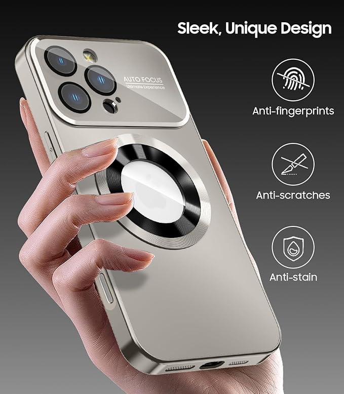MAKAVO Magnetic for iPhone 16 Pro Max Case, Compatible with MagSafe, Built-in Camera Lens Protector, Logo View, Military Grade Drop Protection Phone Cover, Titanium Gray