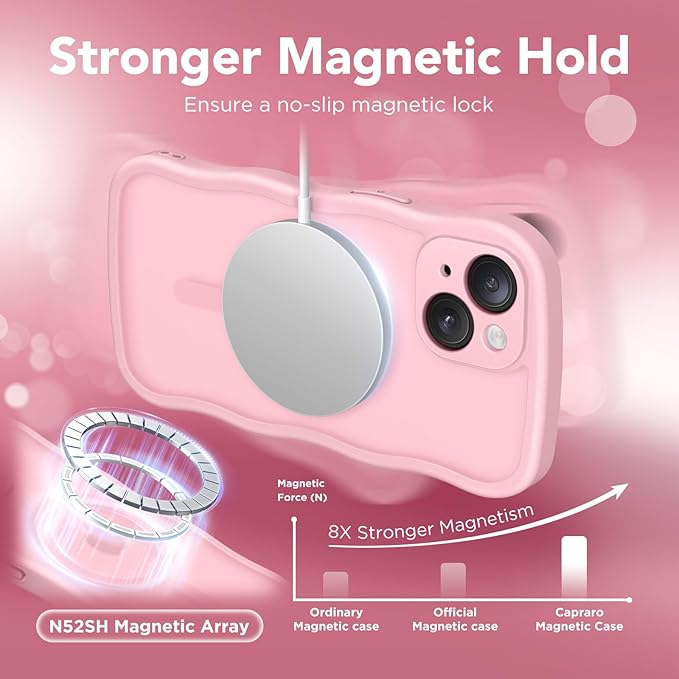 CAPRARO Cute for iPhone 15 Plus Case, Compatible with MagSafe, [Curly Wave Edge] [Full Camera Protection] [14 FT Drop Protection] Magnetic Phone Case for 15 Plus 6.7 Inch, Peach Pink