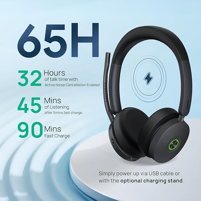 Yealink BH74 UC ANC Bluetooth Headset with Microphone for Hybrid Work, Microsoft Teams Premium Open Ofﬁce Certified Headsets with 6-mics Active Noise Cancellation, Zoom Certified, 65H Battery