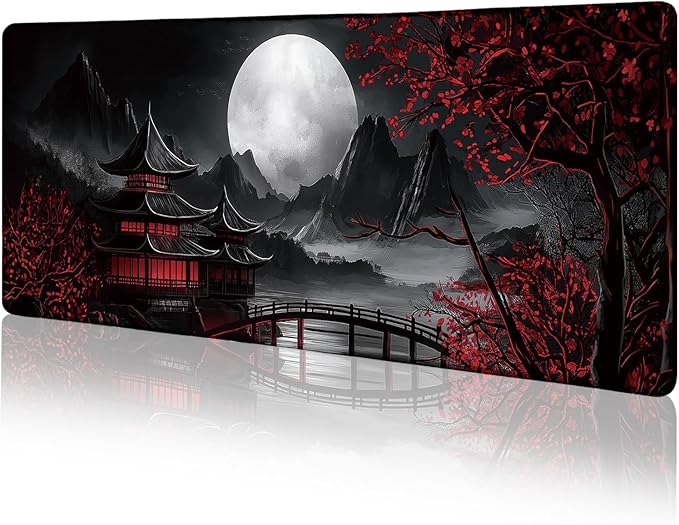 LIMKRIAN Japanese Mouse Pad Large Gaming Desk Mat, Extended Computer Mousepad with Stitched Edges Non-Slip, XL Keyboard Mouse Pad, Aesthetics Full Moon Home Decor Office Desk Accessories 31.5in
