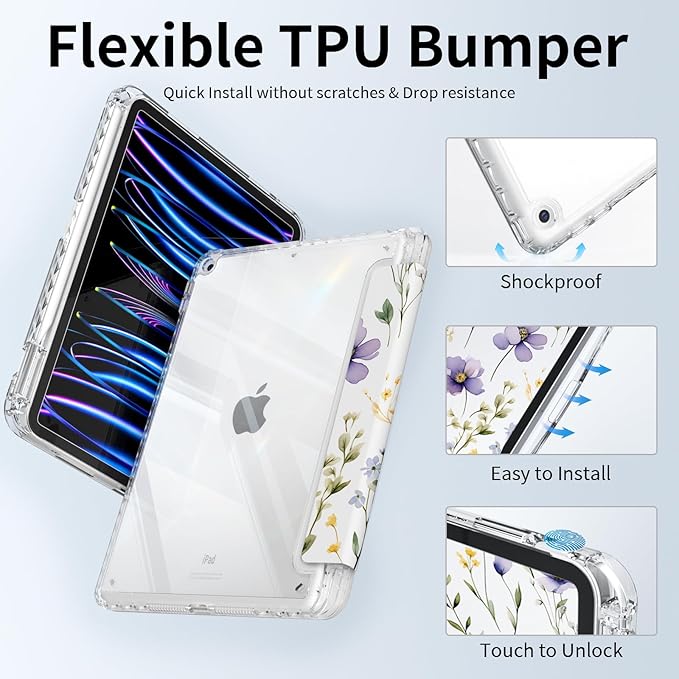 Case for ipad 9th Generation10.2 inch, for ipad 8th/7th Gen Case with Pencil Holder, Trifold Stand, Clear Shockproof Cover, Auto Sleep Shell, Purple Floral