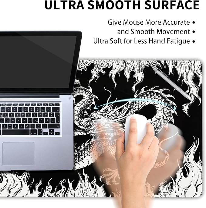 Japanese Dragon Mouse Pad XXL Black White Aesthetic Anime Extended Desk Mat 90X40 cm Non-Slip Rubber Base Stitched Edge Large Mousepad for Gaming Laptop Computer Desktop 35.4×15.7 Inch