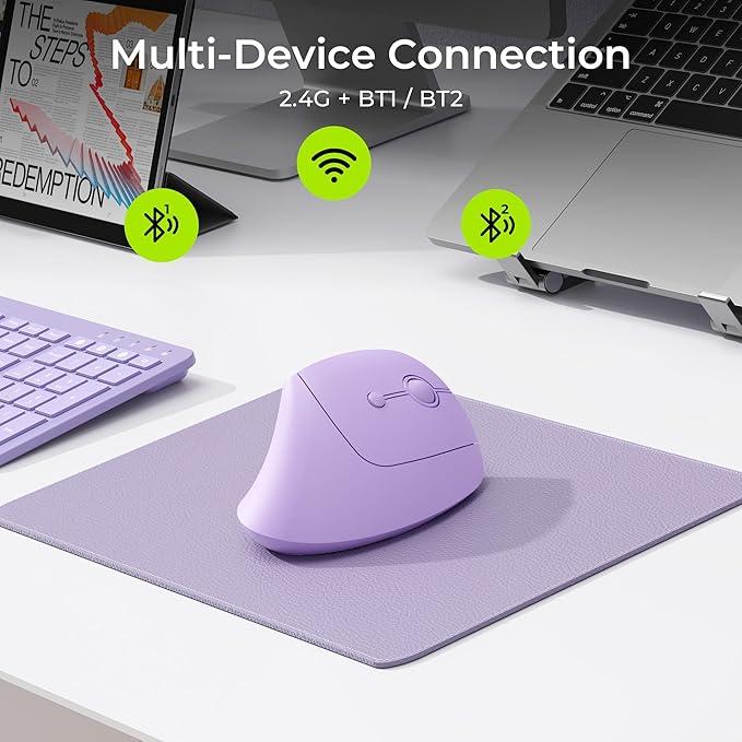 seenda Ergonomic Mouse Wireless, MOU200 Bluetooth Vertical Mouse - 3 Multi-Device Connectivity,1000/1600 /2400 DPI, Ergo Optical Mice for Windows, Mac OS, Computer/PC/Laptop, Purple