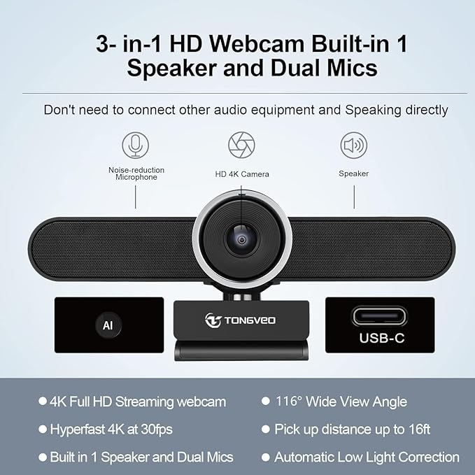 4K Webcam Conference Call TV Room Web Camera with Dual Microphones &Speaker, | All-in-One USB Video Camera, 116° Wide Angle, AI Auto Framing | Compatible with Zoom, OBS