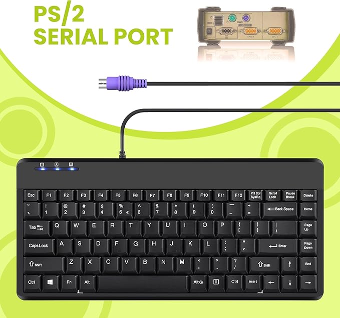 Perixx PERIBOARD-409P Wired PS2 Mini Keyboard, Black, US English Layout