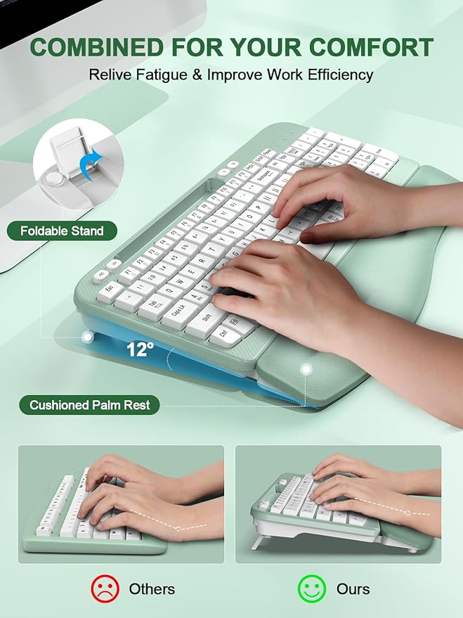 Ergonomic Wireless Keyboard with Cushioned Wrist Rest, Wave Keys, Phone Holder, Comfortable Natural Typing, 2.4GHz Full Size Cordless USB Computer Keyboard for Windows, Mac OS, Laptop, PC (Mint Green)