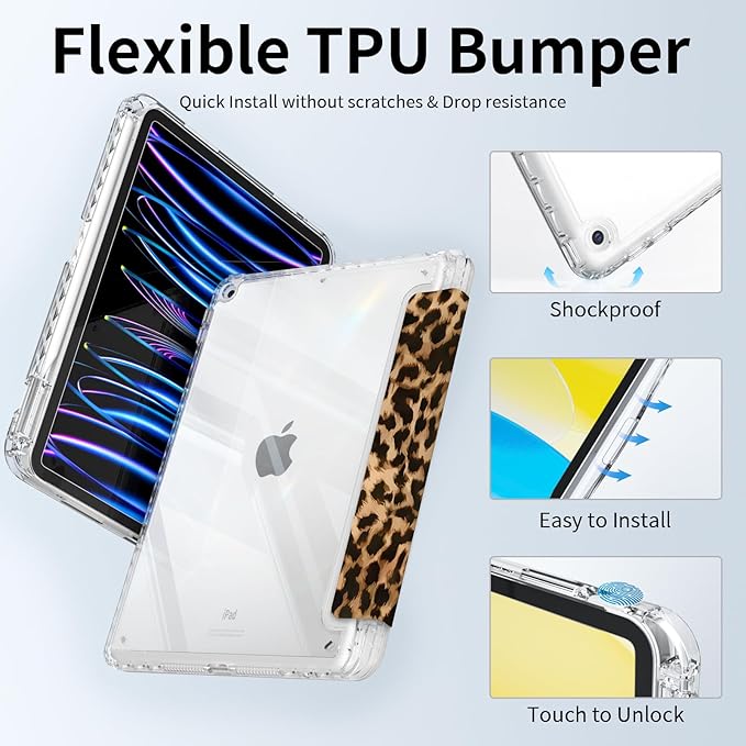 Case for iPad 9th/8th/7th Generation, iPad 10.2 Inch Case with Pencil Holder, Trifold Stand Slim Shockproof Clear Back Cover, Auto Wake/Sleep, Leopard