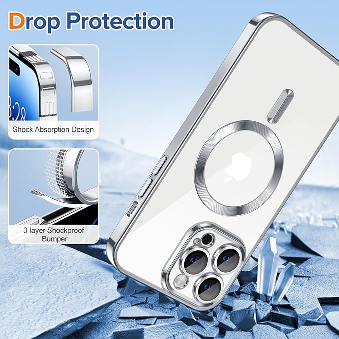 Hython Magnetic Clear for iPhone 14 Pro Case with Camera Lens Protector [Compatible with MagSafe] Luxury Plating Edge Slim Soft TPU Cover Protective Phone Case for iPhone 14 Pro 6.1", Silver