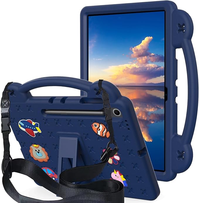 AKABEILA Compatible with Samsung Galaxy Tab A11+ 2025 Tablet Case, Kids Friendly Universal Lightweight Shockproof Protective Case with Shoulder Strap & Stand Handle Navy Blue