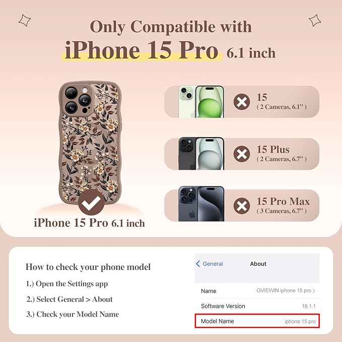 GVIEWIN for iPhone 15 Pro Case Compatible with MagSafe [Curly Wave Edge][Full Camera Protection] Floral Translucent Shockproof Magnetic Women Phone Case for iPhone 15 Pro 6.1'', Bunchflower/Brown