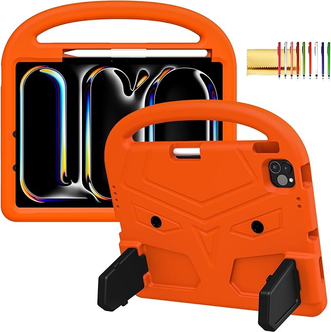 Kids Case for iPad Pro 11" M5 2025/M4 2024 & iPad Air 11" M3 2025/M2 2024, Techcircle Child Shock Proof EVA Protective [Support Pencil Charging] Handle Stand Cover, Orange