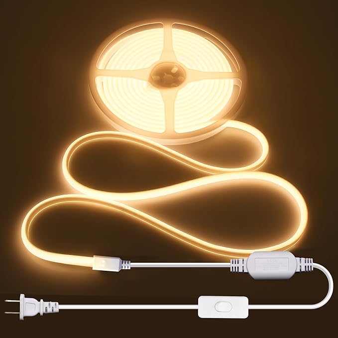 ALITOVE COB LED Strip Light Waterproof IP67 Warm White 3000K 16.4ft AC 110V 120V LED Neon Rope Lights Bright 1440LEDs Flexible LED Strip for Indoor Outdoor Cabinet Shower Bedroom(No Remote Dimmer)