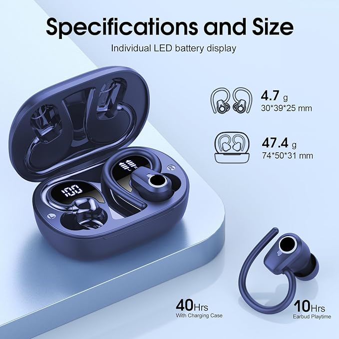 Wireless Earbuds, 2023 Bluetooth Headphones 5.3 Sport, 50H Ear buds with Earhooks, Dual LED DisplayBluetooth Earbuds, Stereo Noise Cancelling Headphones, IP7 Waterproof Running Earphones, Deep Blue