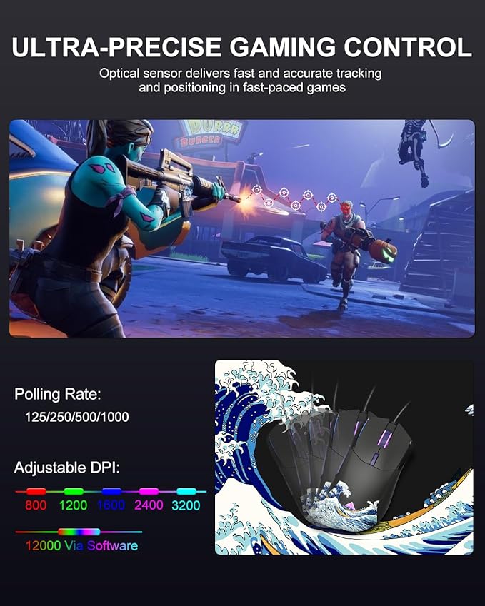 COSTOM Womier USB Wired Gaming Mouse for PC Computer Windows Mac Laptop, Lightweight Silent RGB Backlit Mouse with Adjustable 12000DPI/7 Programmable Side Buttons,Black Kanagawa Theme-G705 V2